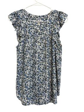 2/$30 LOFT Floral Flutter Sleeve Blouse Blue White Lightweight Top Small